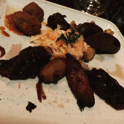 Plaintains, meatballs, and black pudding. As long as I didn't think about the blood part, it was tasty!